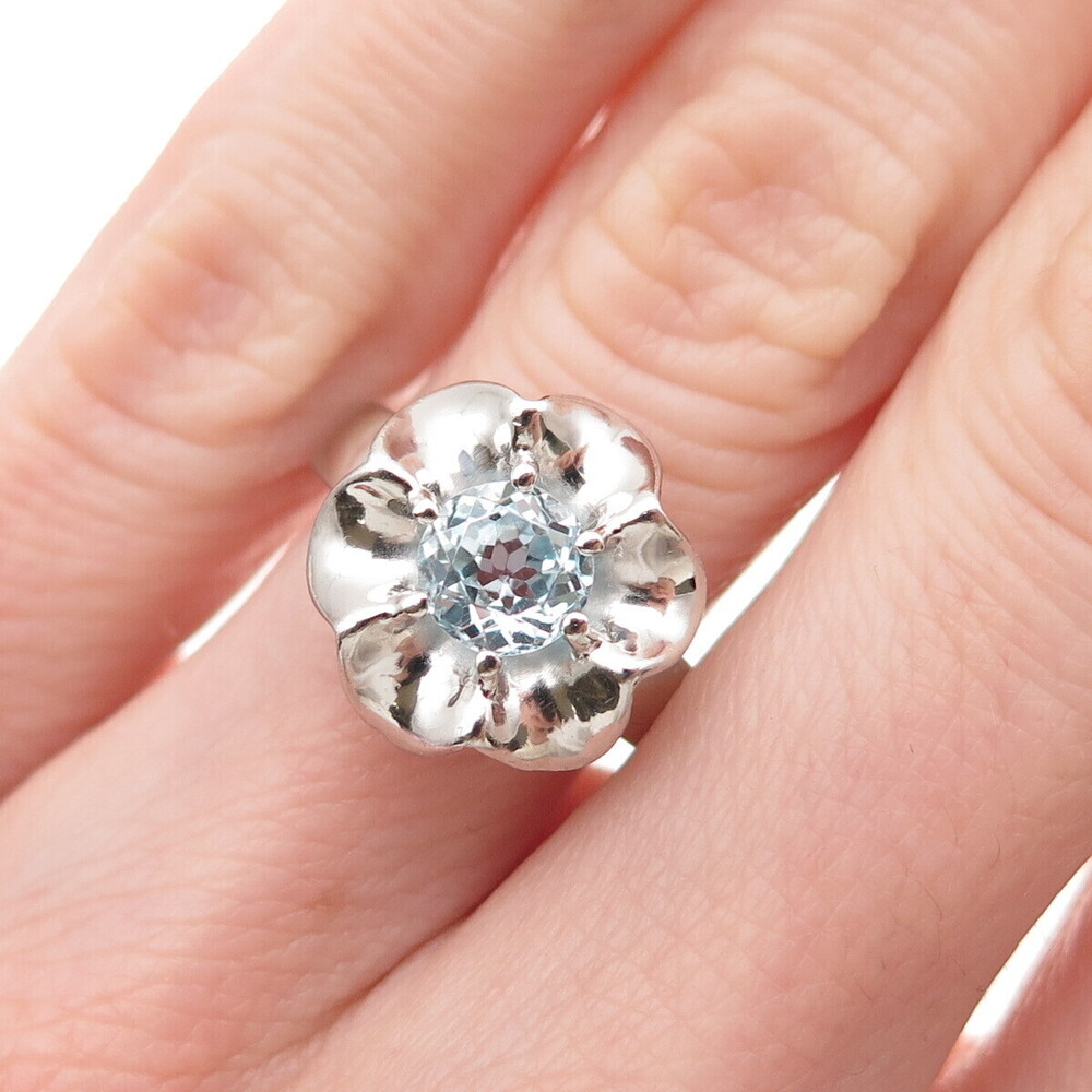 925 Sterling Silver Real Round-Cut Blue Topaz Floral Ring Size 5.75